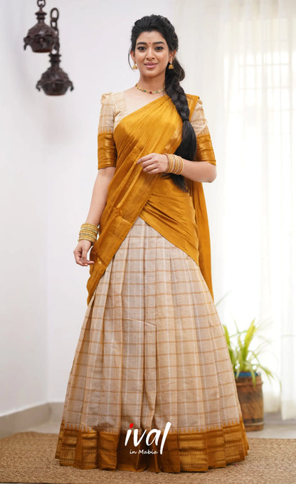 Padmaja Cream Shade And Dark Mustard Tone Cotton Halfsaree Half Sarees