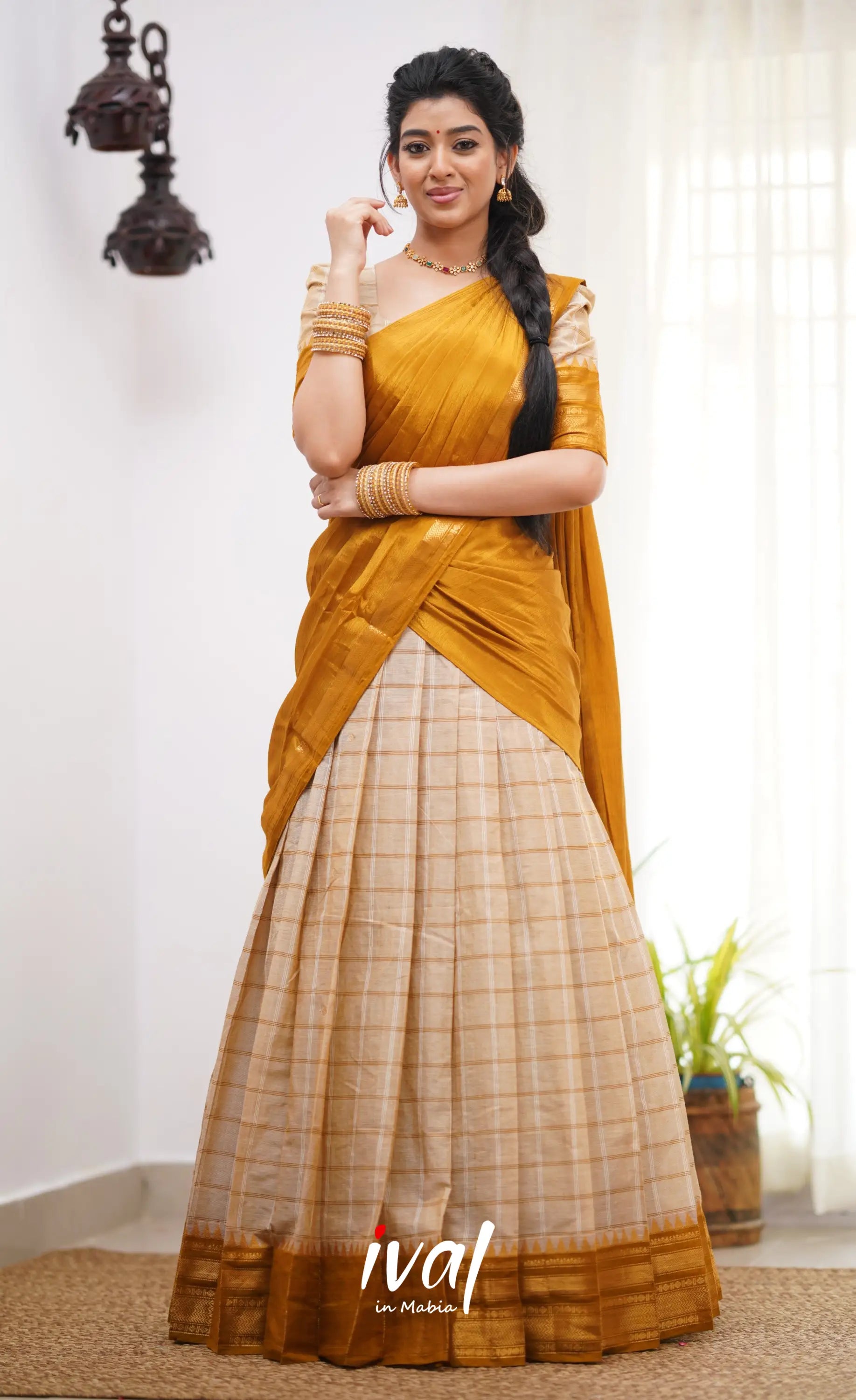 Padmaja Cream Shade And Dark Mustard Tone Cotton Halfsaree Half Sarees