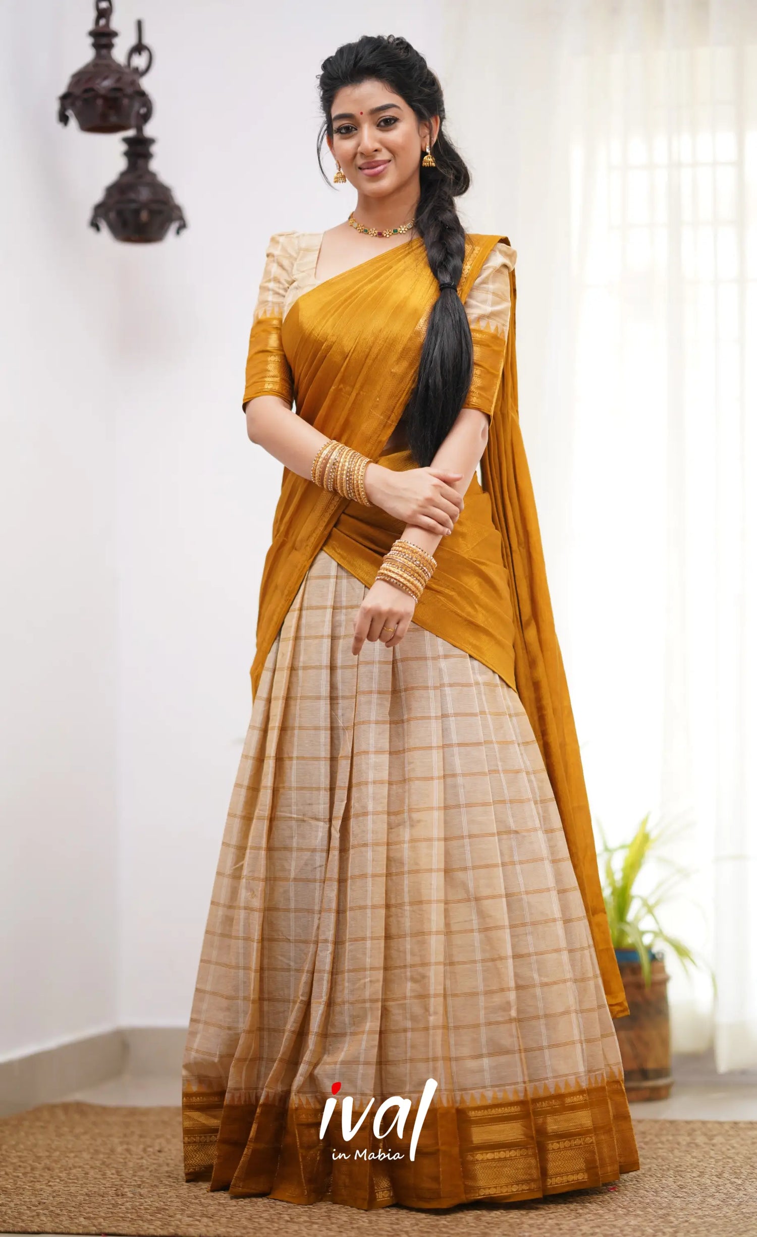 Padmaja Cream Shade And Dark Mustard Tone Cotton Halfsaree Half Sarees