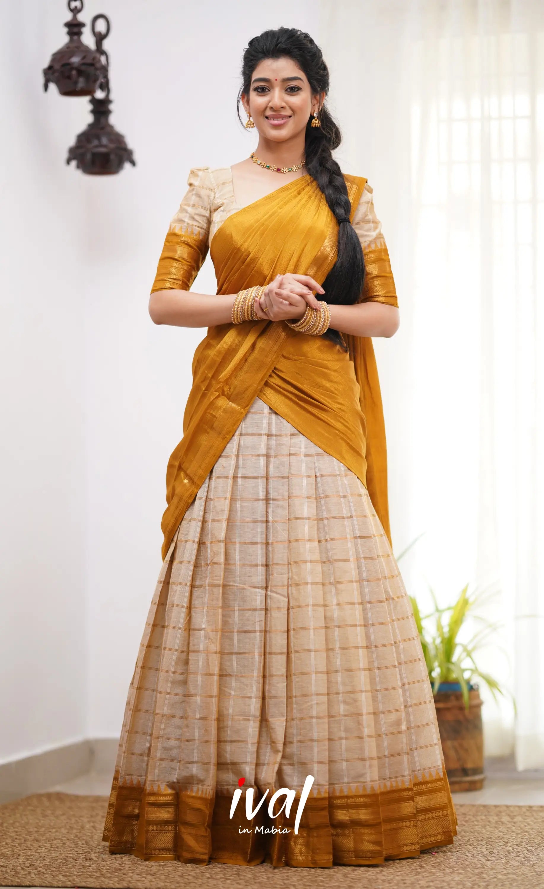 Padmaja Cream Shade And Dark Mustard Tone Cotton Halfsaree Half Sarees