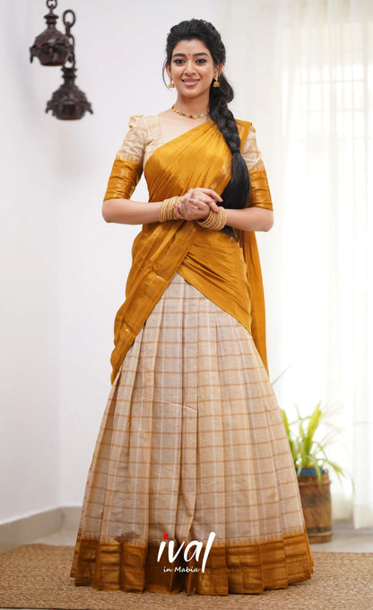 Padmaja Cream Shade And Dark Mustard Tone Cotton Halfsaree Half Sarees