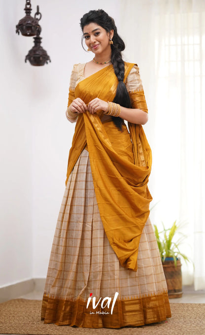 Padmaja Cream Shade And Dark Mustard Tone Cotton Halfsaree Half Sarees