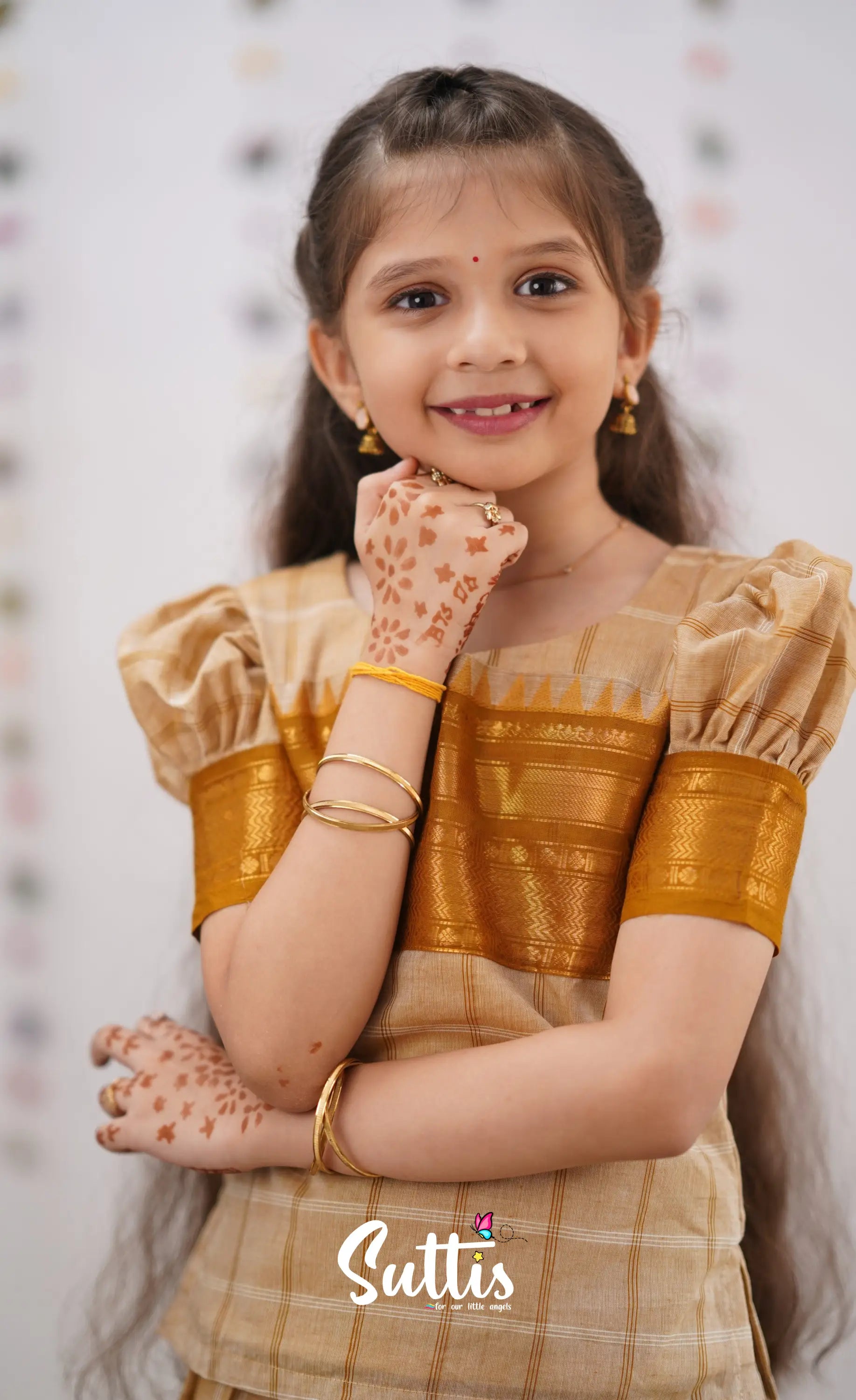 Padmaja Cream Shade And Dark Mustard Tone Cotton Pavadai Sattai Kids-Suttis