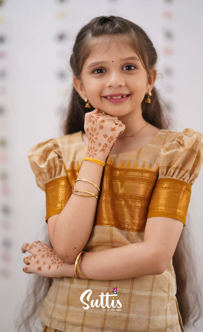Padmaja Cream Shade And Dark Mustard Tone Cotton Pavadai Sattai Kids-Suttis