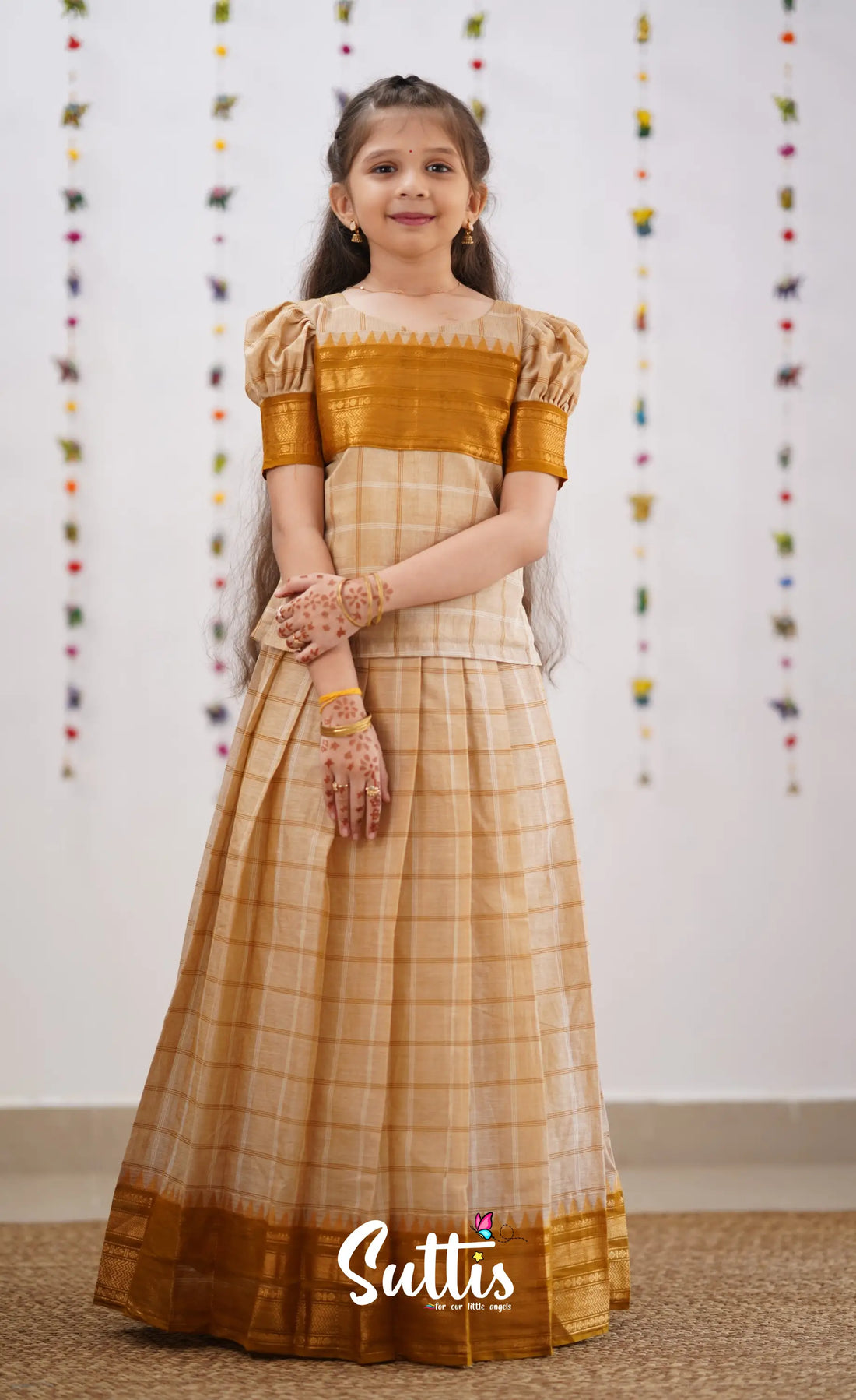 Padmaja Cream Shade And Dark Mustard Tone Cotton Pavadai Sattai Kids-Suttis