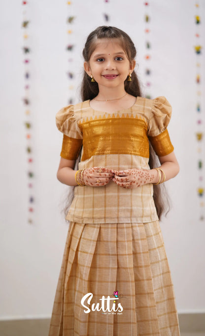 Padmaja Cream Shade And Dark Mustard Tone Cotton Pavadai Sattai Kids-Suttis