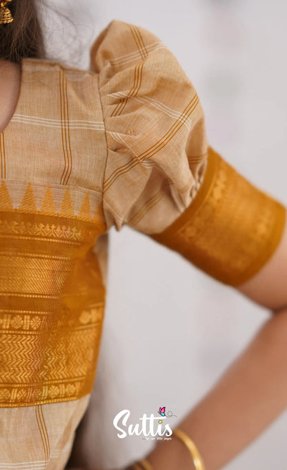 Padmaja Cream Shade And Dark Mustard Tone Cotton Pavadai Sattai Kids-Suttis