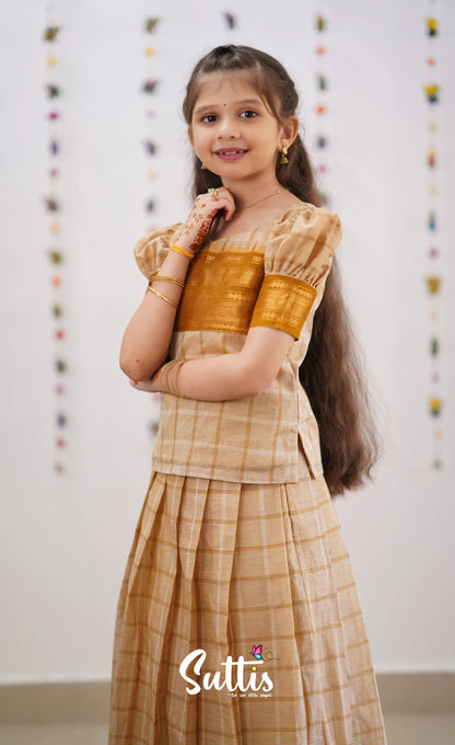 Padmaja Cream Shade And Dark Mustard Tone Cotton Pavadai Sattai Kids-Suttis