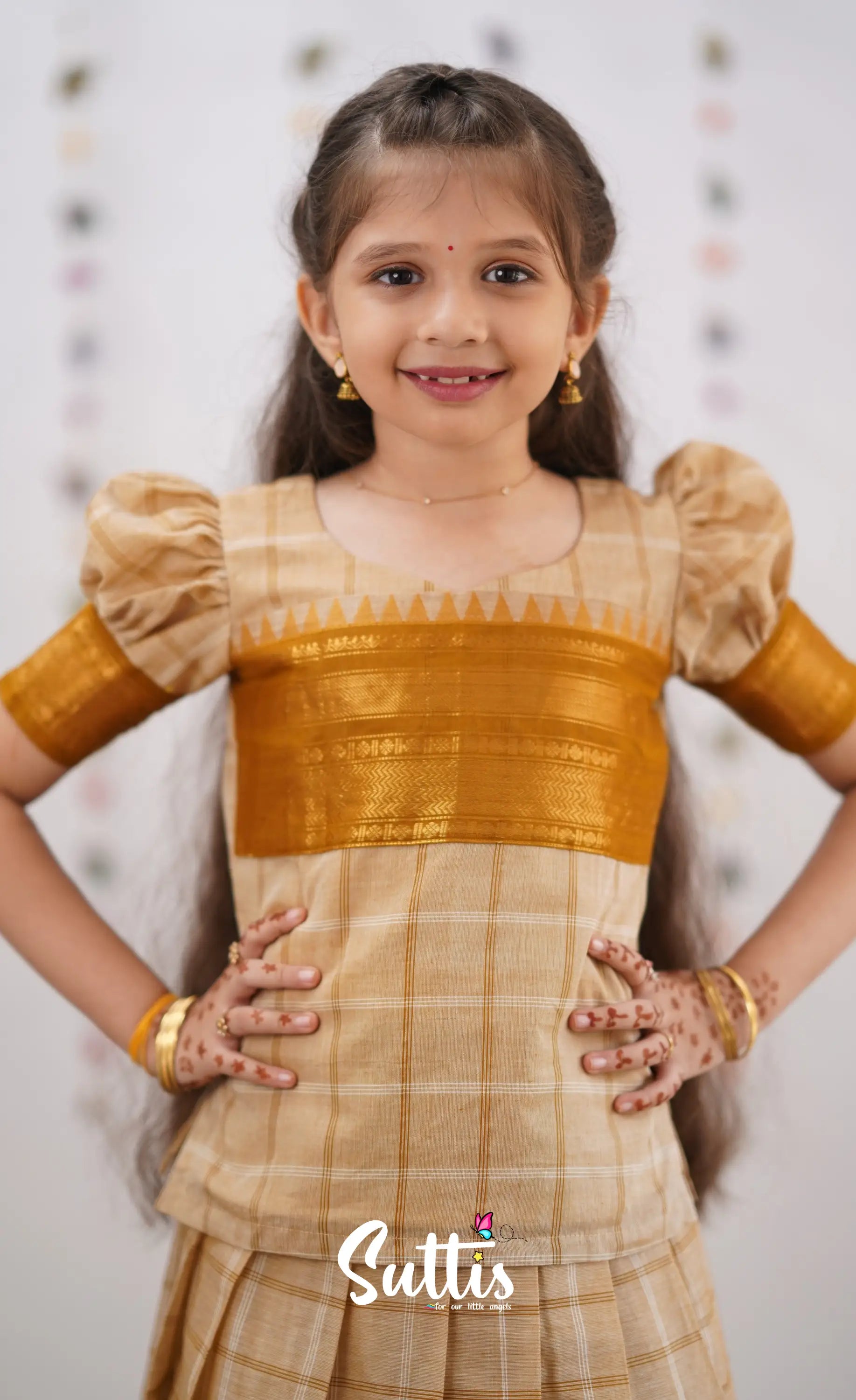 Padmaja Cream Shade And Dark Mustard Tone Cotton Pavadai Sattai Kids-Suttis