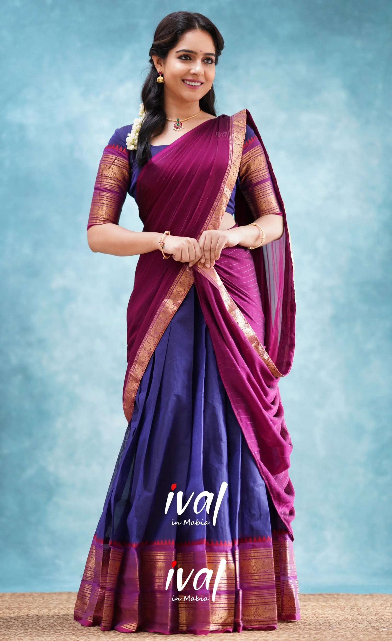 Padmaja - Dark Blue And Magenta Cotton Halfsaree Half Sarees