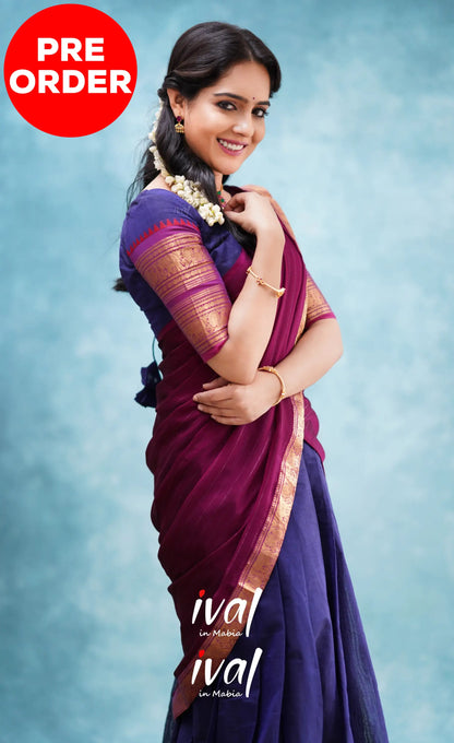 Padmaja - Dark Blue And Magenta Cotton Halfsaree Half Sarees