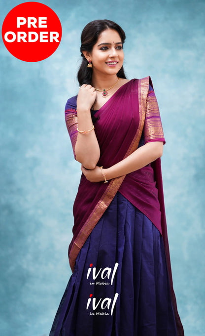 Padmaja - Dark Blue And Magenta Cotton Halfsaree Half Sarees