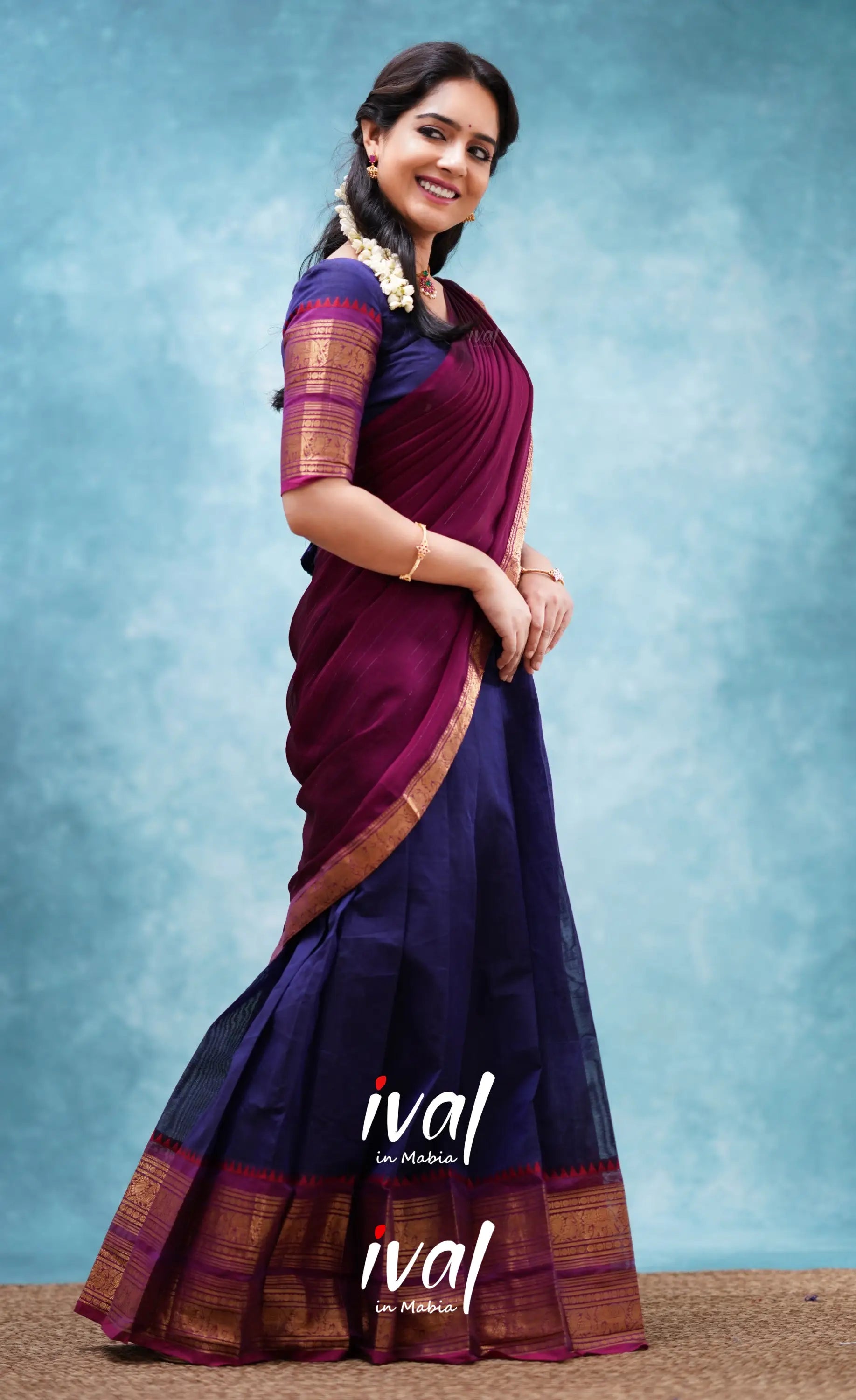 Padmaja - Dark Blue And Magenta Cotton Halfsaree Half Sarees