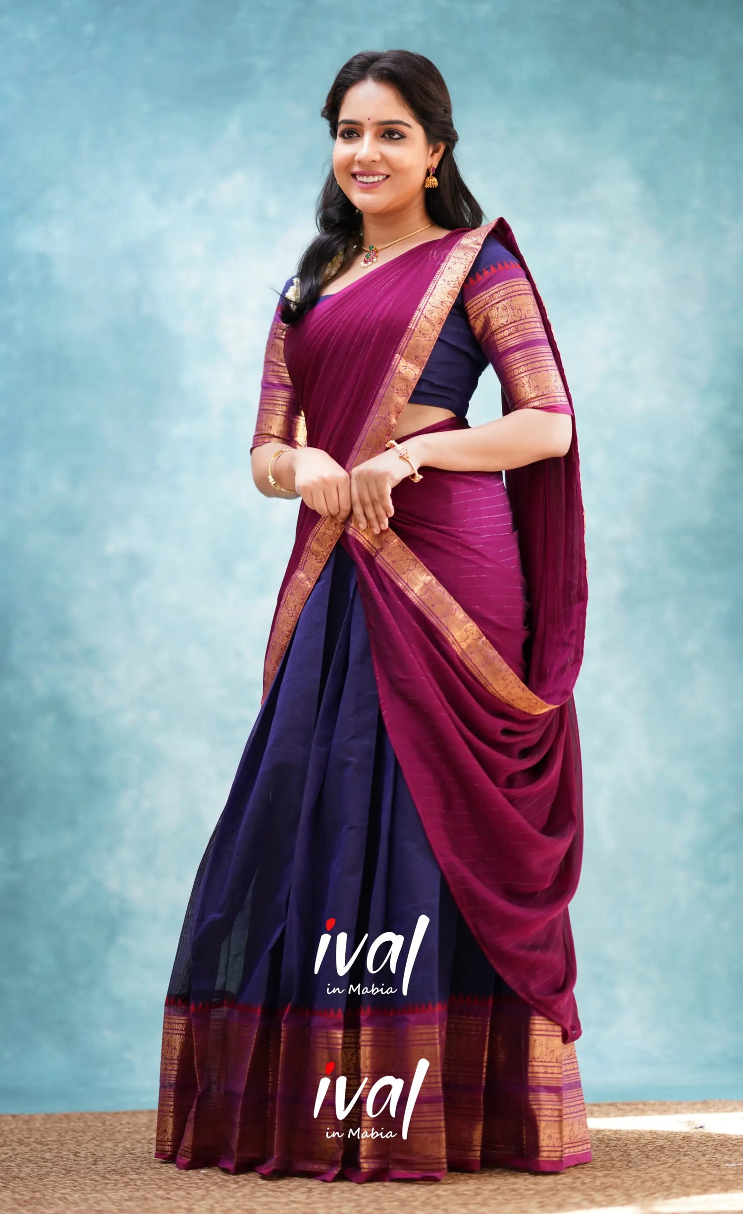 Padmaja - Dark Blue And Magenta Cotton Halfsaree Half Sarees