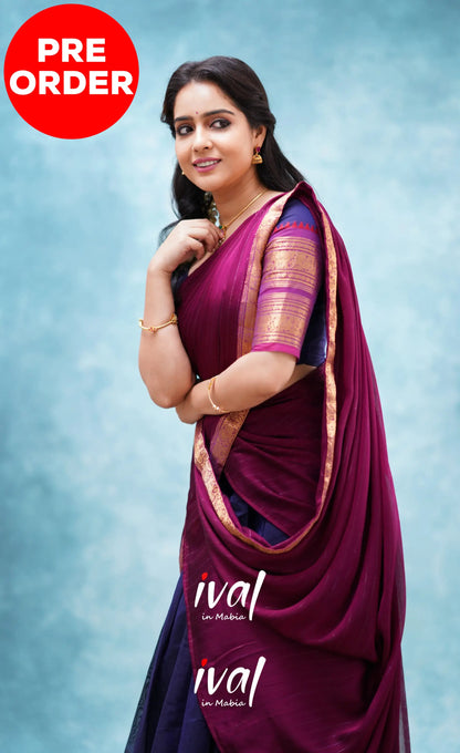 Padmaja - Dark Blue And Magenta Cotton Halfsaree Half Sarees