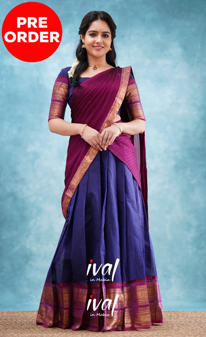 Padmaja - Dark Blue And Magenta Cotton Halfsaree Half Sarees