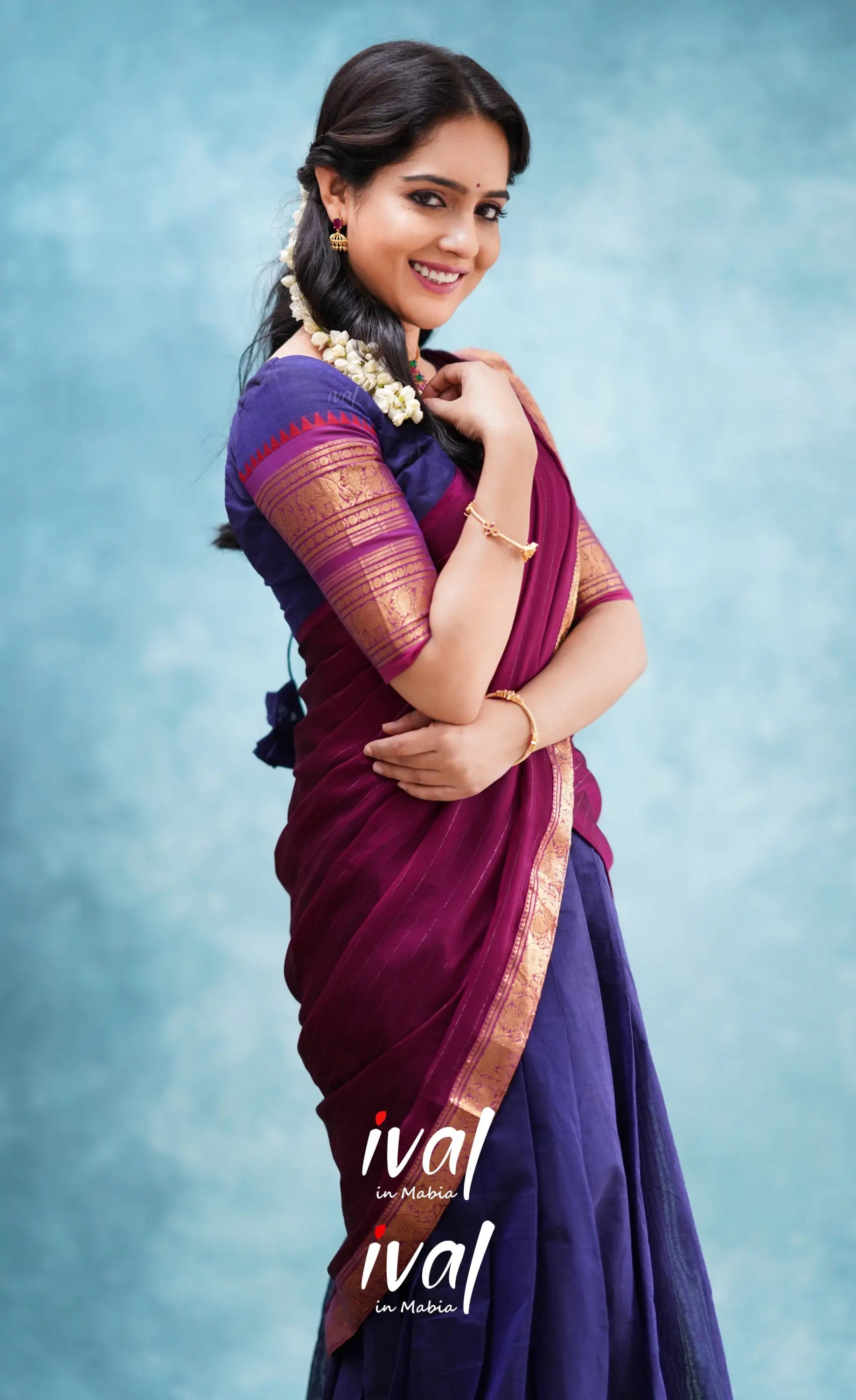 Padmaja - Dark Blue And Magenta Cotton Halfsaree Half Sarees