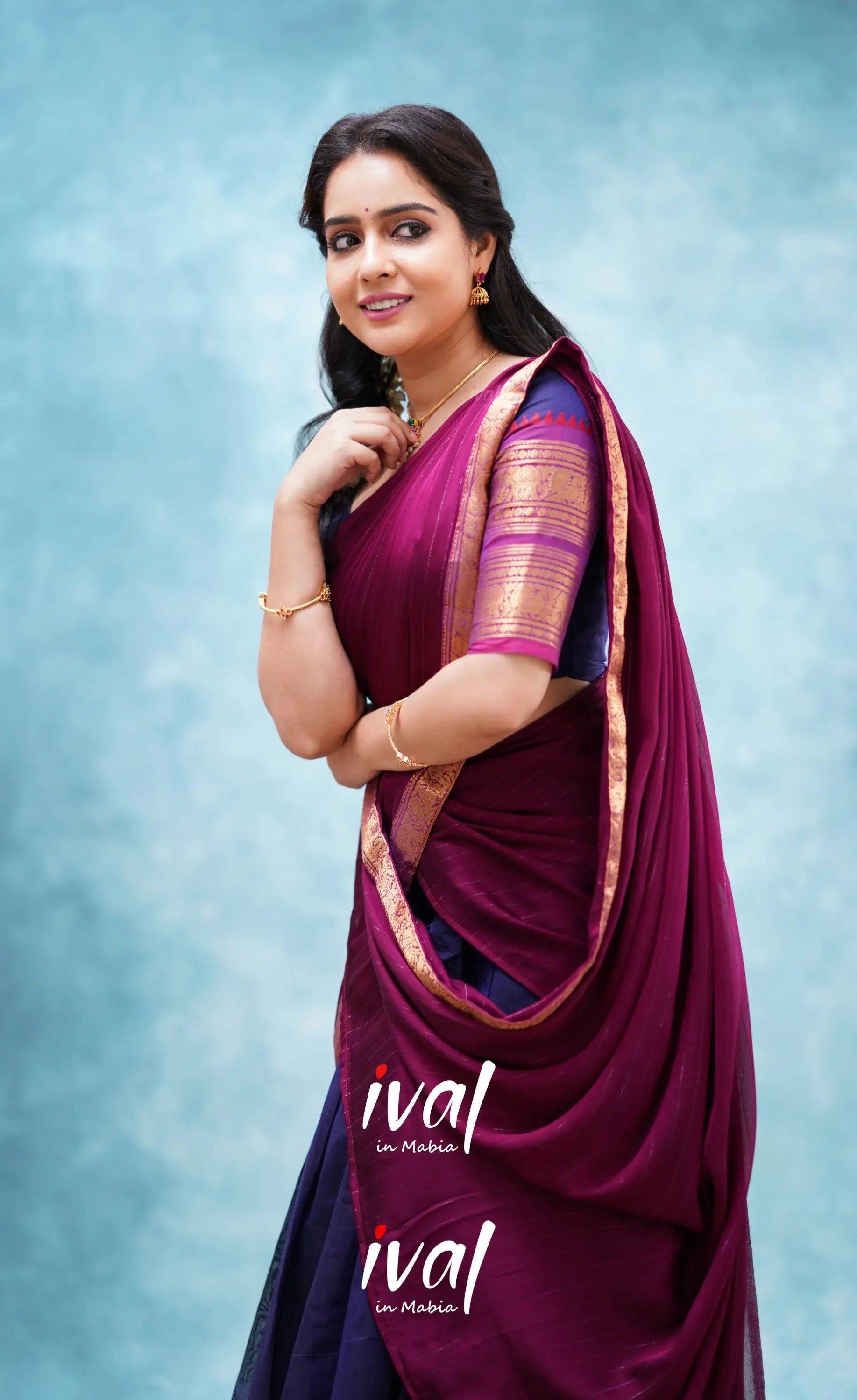 Padmaja - Dark Blue And Magenta Cotton Halfsaree Half Sarees