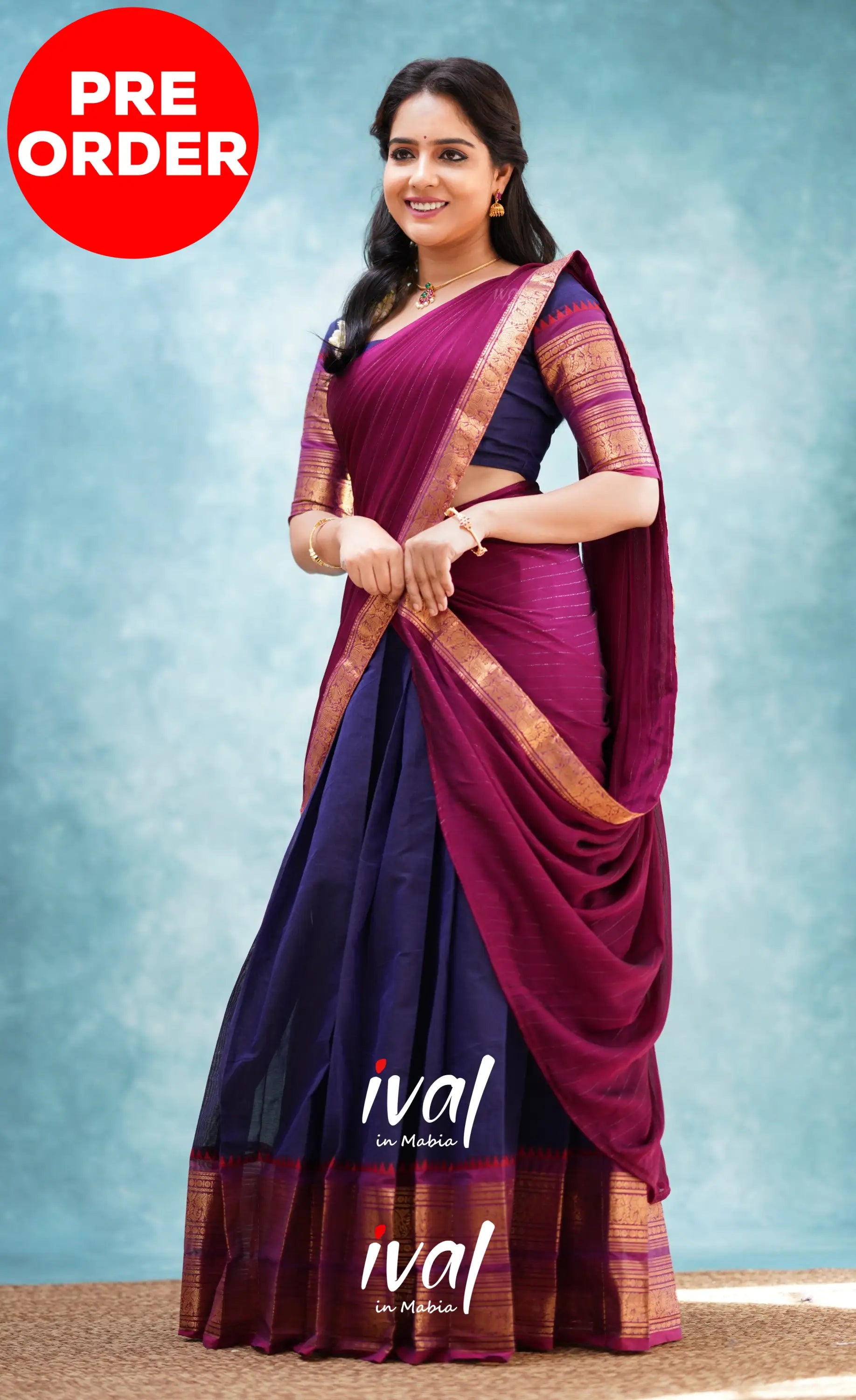 Padmaja - Dark Blue And Magenta Cotton Halfsaree Half Sarees