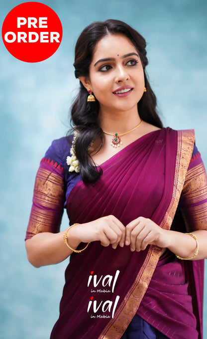 Padmaja - Dark Blue And Magenta Cotton Halfsaree Half Sarees