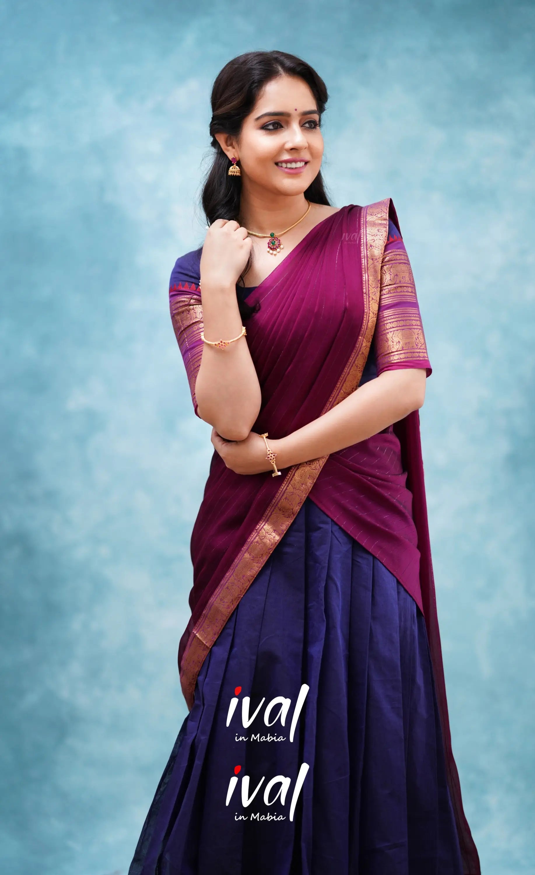 Padmaja - Dark Blue And Magenta Cotton Halfsaree Half Sarees