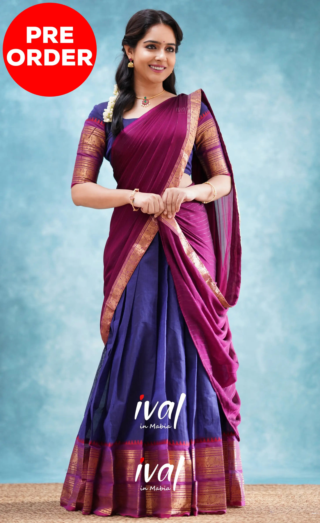 Padmaja - Dark Blue And Magenta Cotton Halfsaree Half Sarees