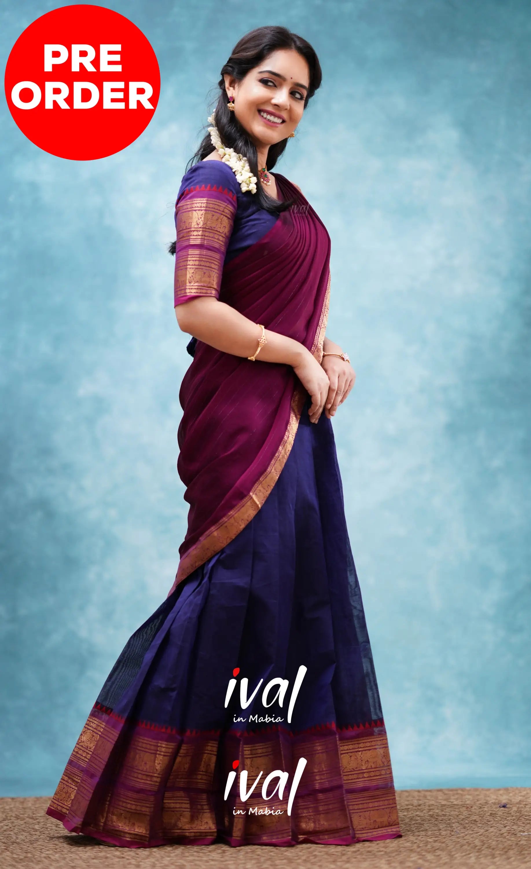 Padmaja - Dark Blue And Magenta Cotton Halfsaree Half Sarees