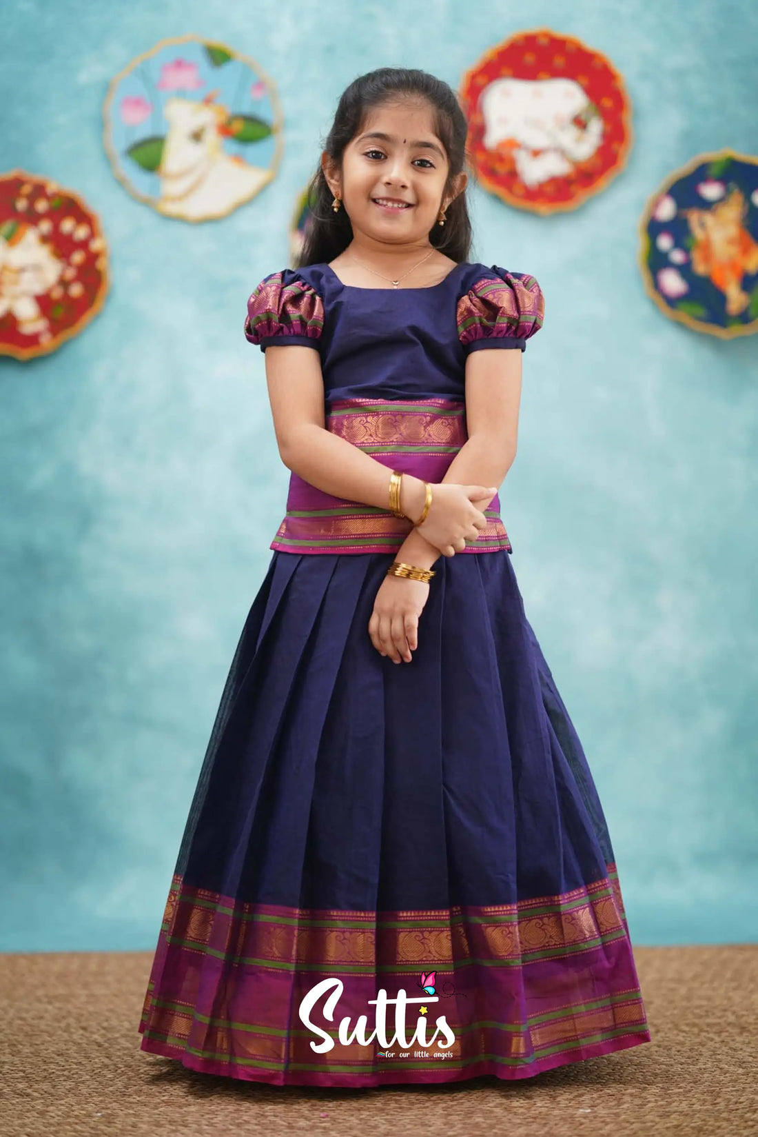 Padmaja - Dark Blue And Magenta Pavadai Sattai Kids-Suttis