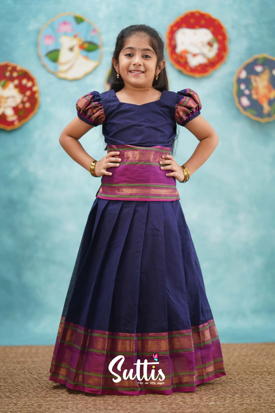 Padmaja - Dark Blue And Magenta Pavadai Sattai Kids-Suttis