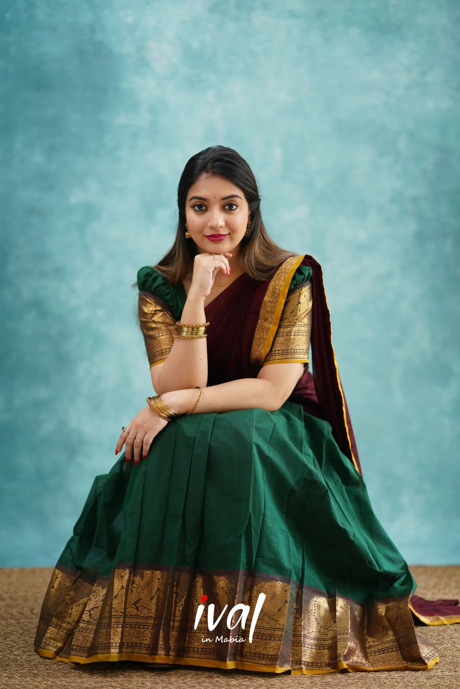 Padmaja - Dark Green And Maroon Cotton Halfsaree Half Sarees