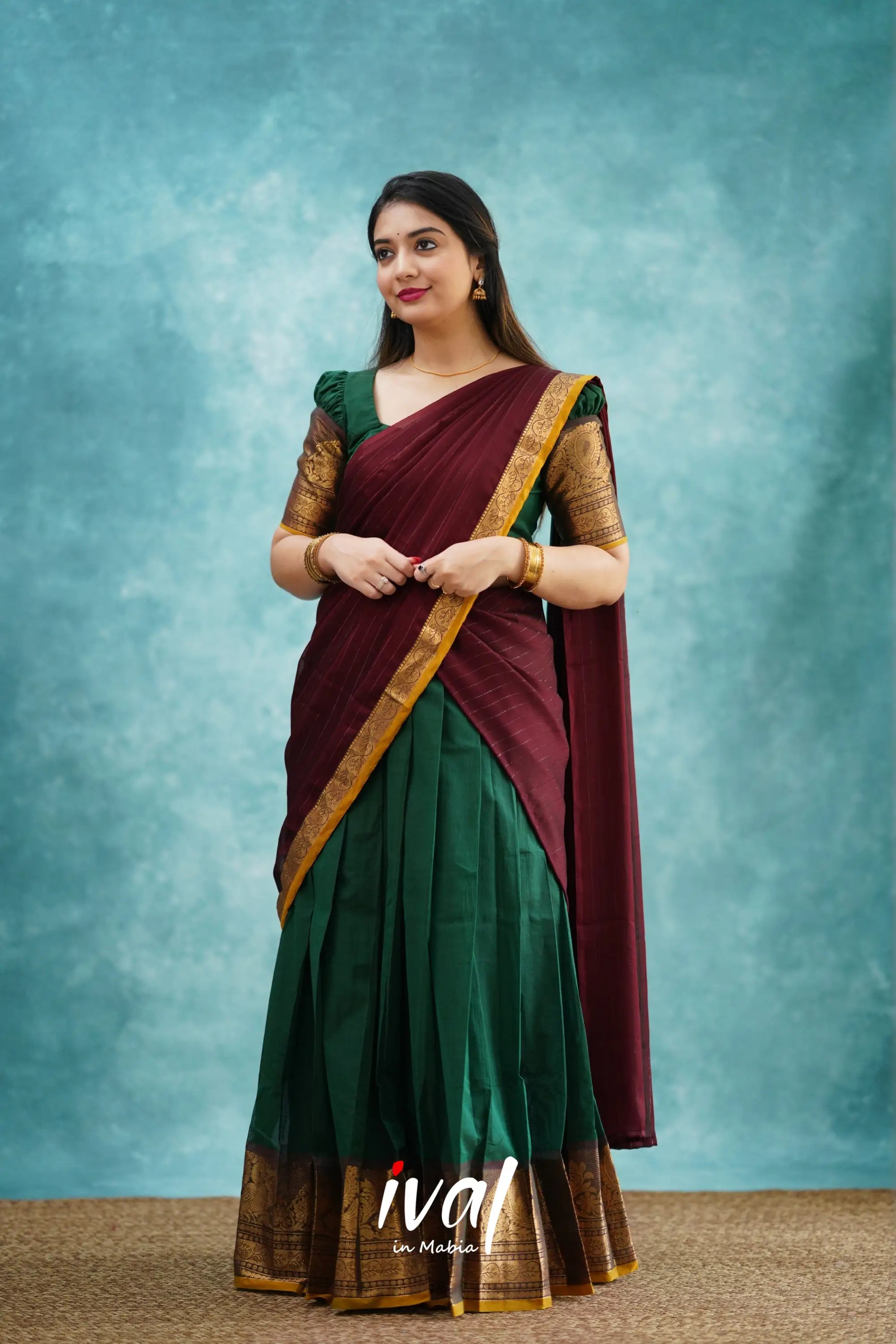 Padmaja - Dark Green And Maroon Cotton Halfsaree Half Sarees