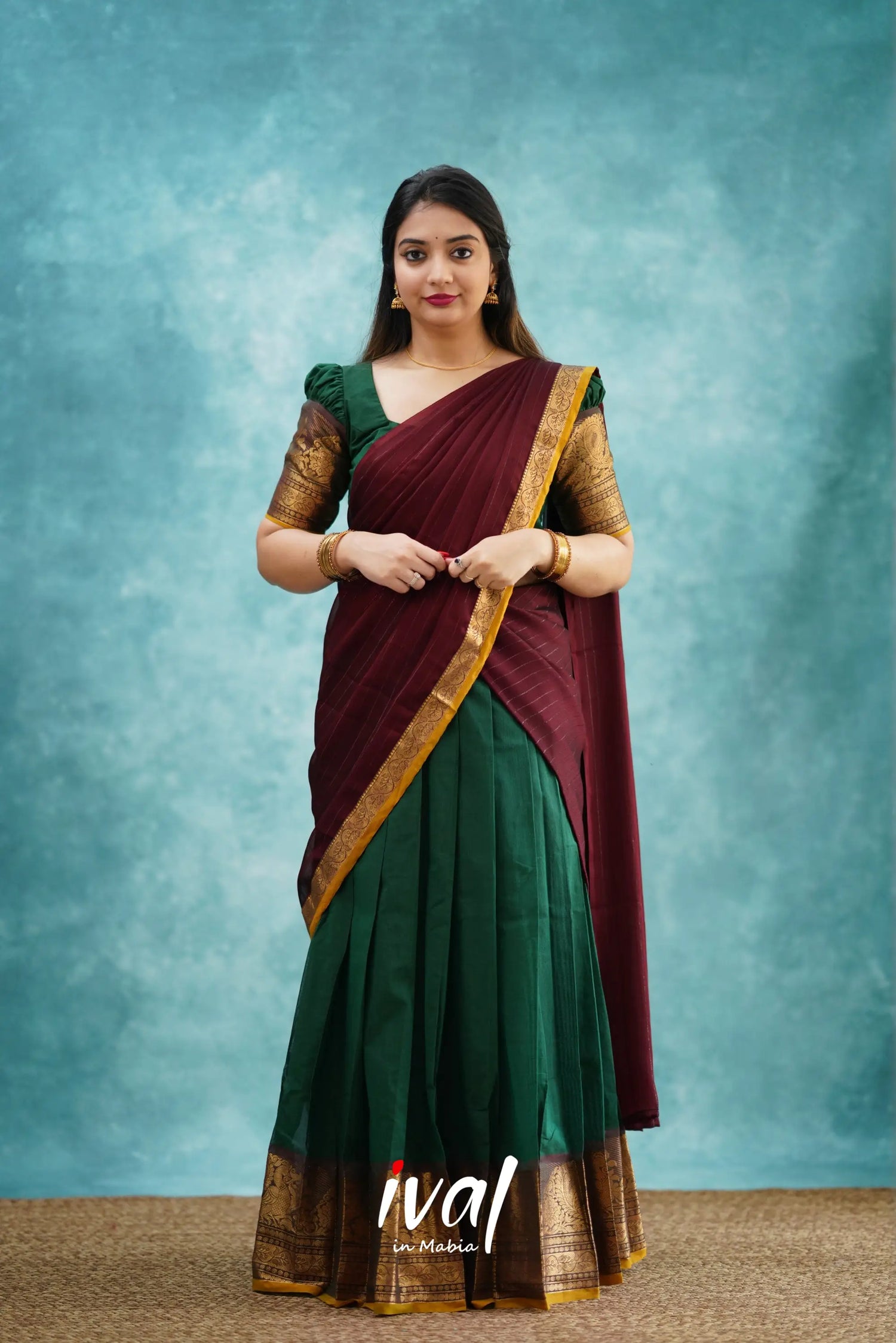 Padmaja - Dark Green And Maroon Cotton Halfsaree Half Sarees