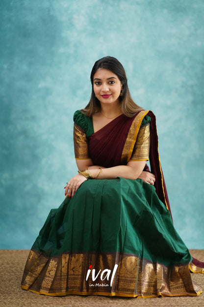 Padmaja - Dark Green And Maroon Cotton Halfsaree Half Sarees