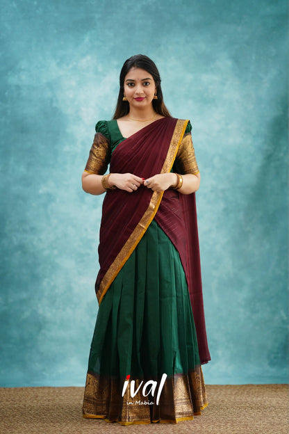 Padmaja - Dark Green And Maroon Cotton Halfsaree Half Sarees