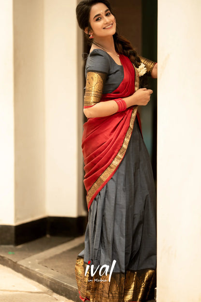 Padmaja - Dark Grey And Deep Red Cotton Halfsaree Half Sarees