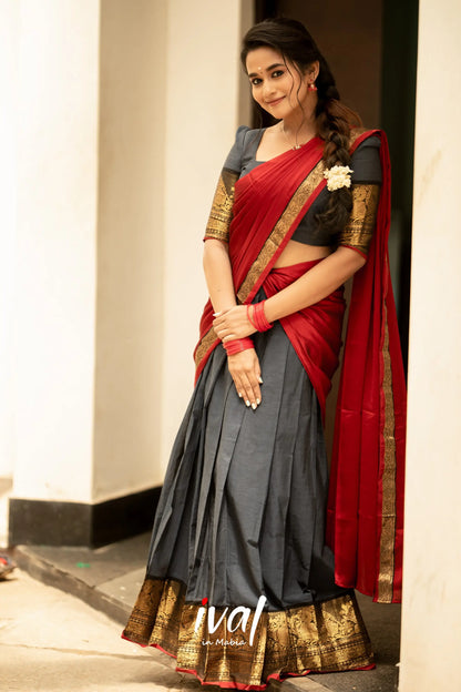 Padmaja - Dark Grey And Deep Red Cotton Halfsaree Half Sarees