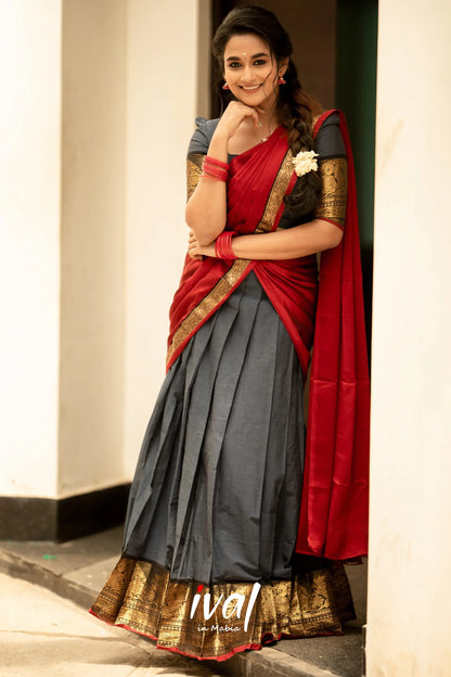 Padmaja - Dark Grey And Deep Red Cotton Halfsaree Half Sarees