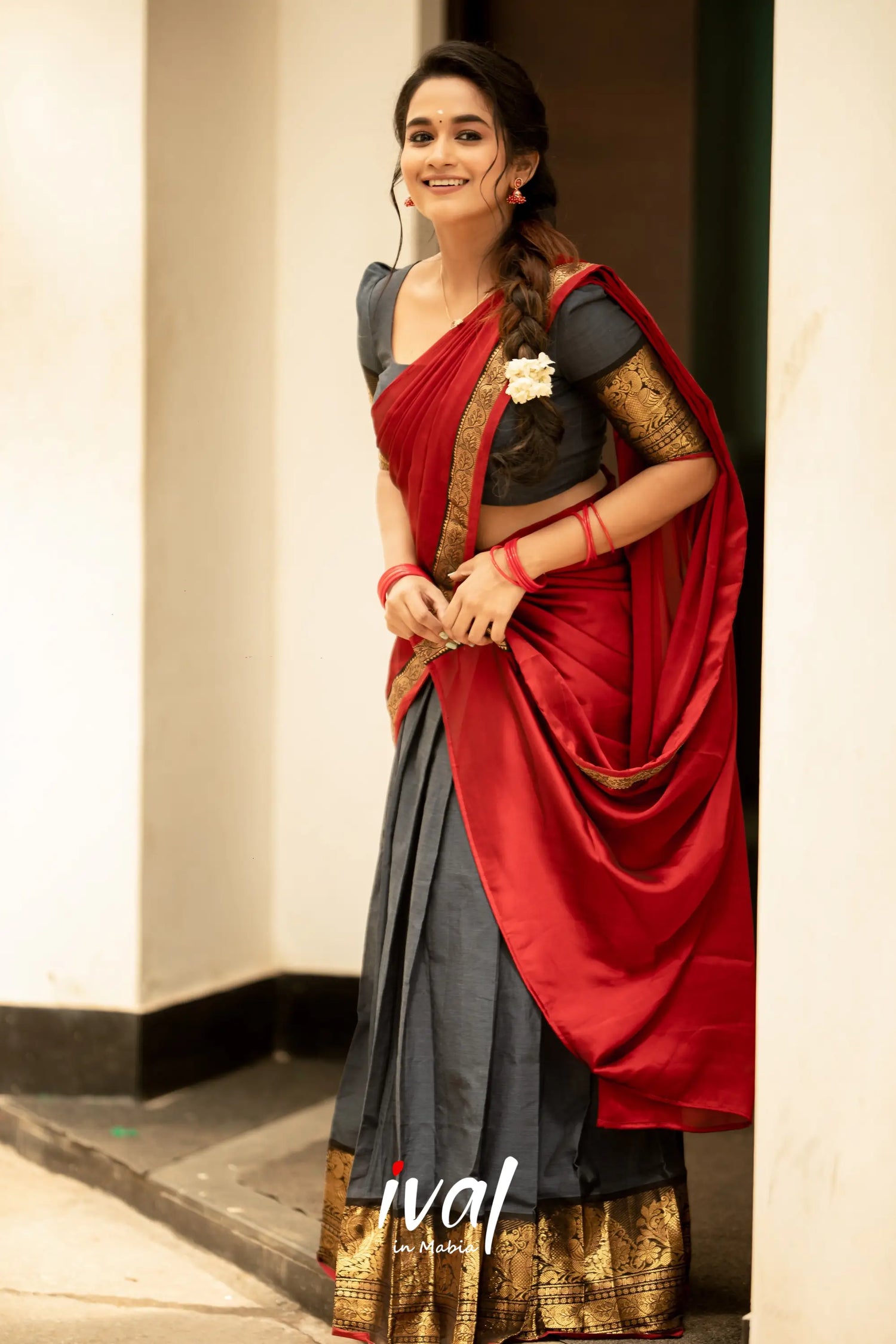 Padmaja - Dark Grey And Deep Red Cotton Halfsaree Half Sarees