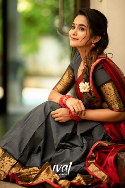 Padmaja - Dark Grey And Deep Red Cotton Halfsaree Half Sarees