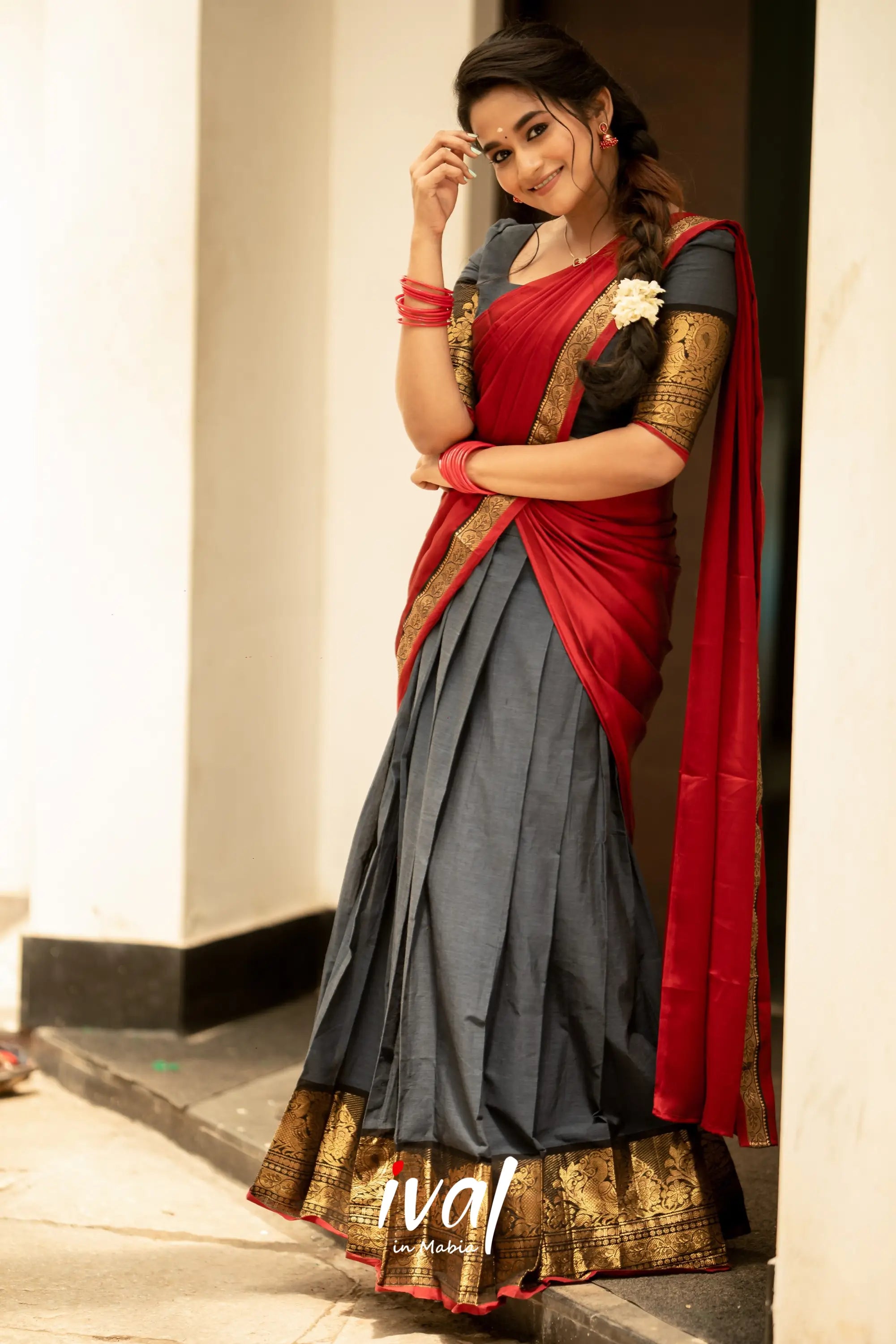 Padmaja - Dark Grey And Deep Red Cotton Halfsaree Half Sarees