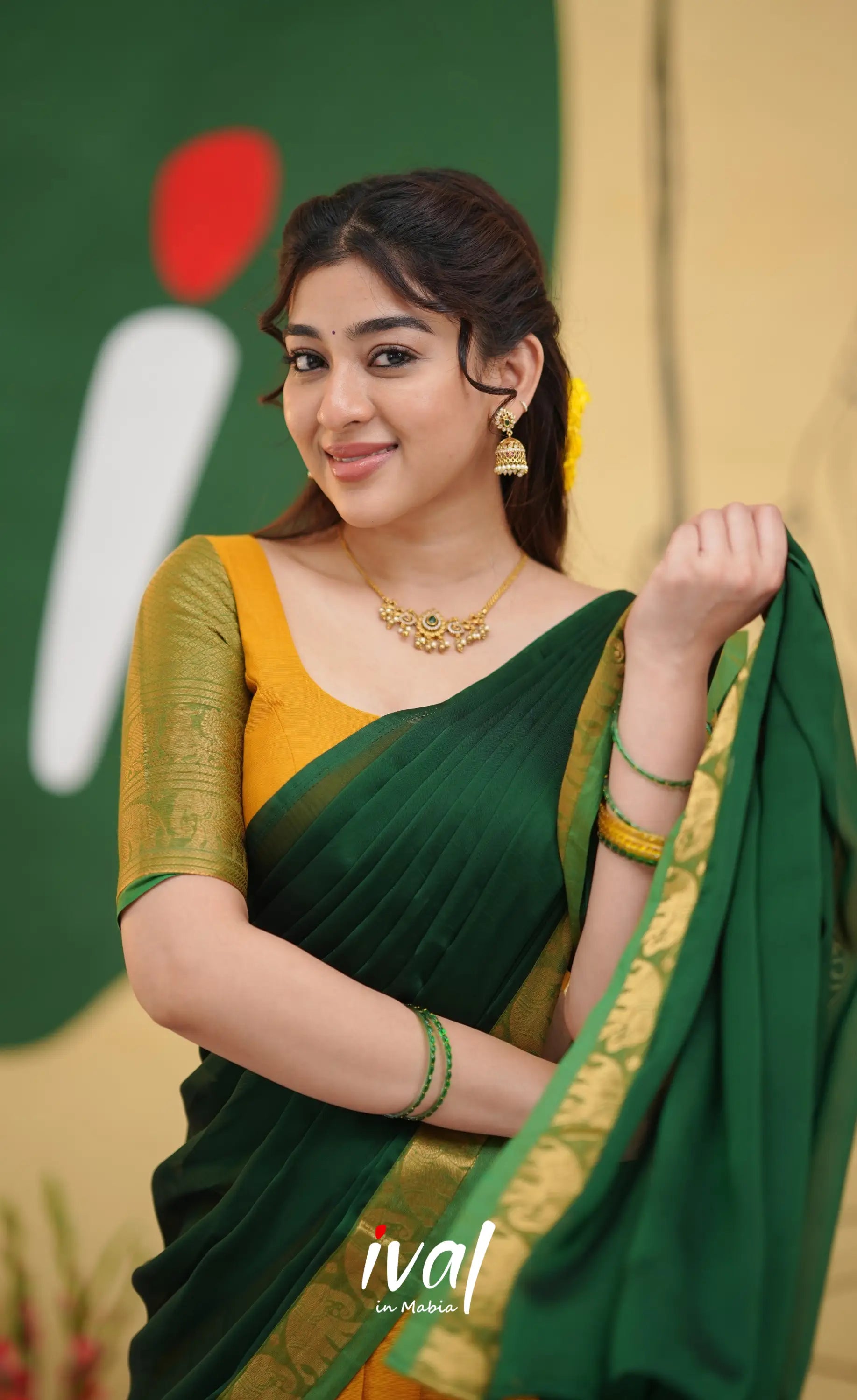 Padmaja - Deep Yellow and Bottle Green Cotton Halfsaree - Half Sarees