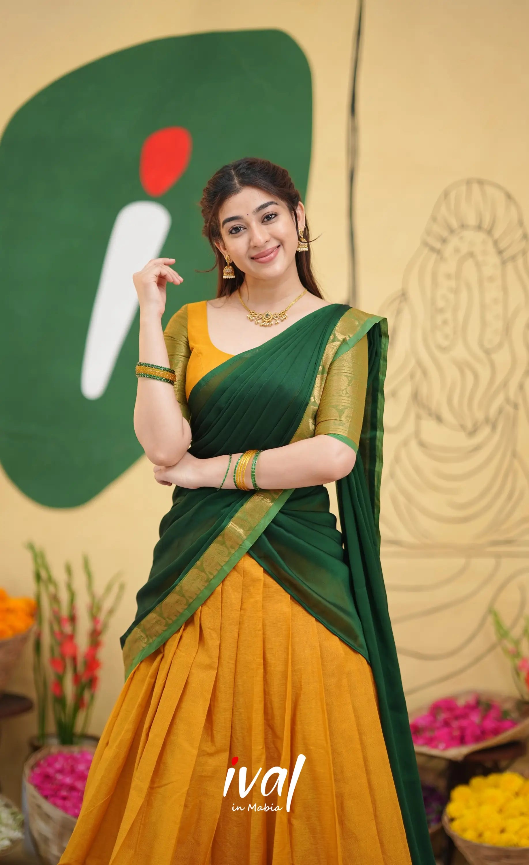 Padmaja - Deep Yellow and Bottle Green Cotton Halfsaree - Half Sarees