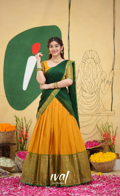 Padmaja - Deep Yellow and Bottle Green Cotton Halfsaree - Half Sarees