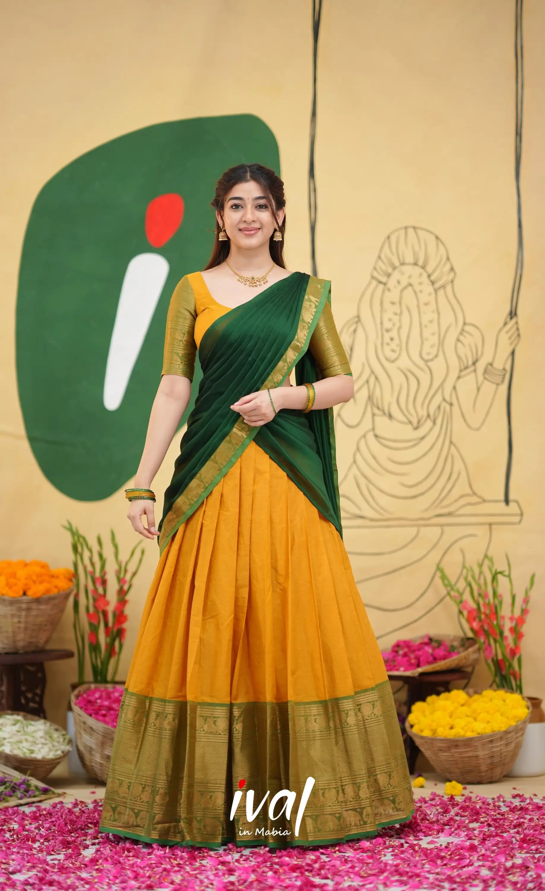 Padmaja - Deep Yellow and Bottle Green Cotton Halfsaree - Half Sarees