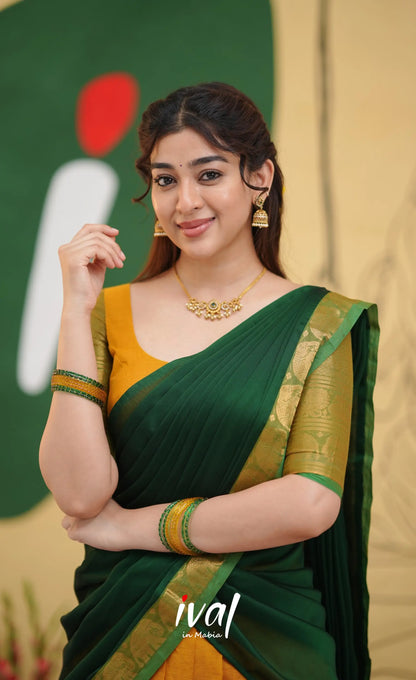 Padmaja - Deep Yellow and Bottle Green Cotton Halfsaree - Half Sarees