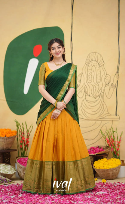 Padmaja - Deep Yellow and Bottle Green Cotton Halfsaree - Half Sarees
