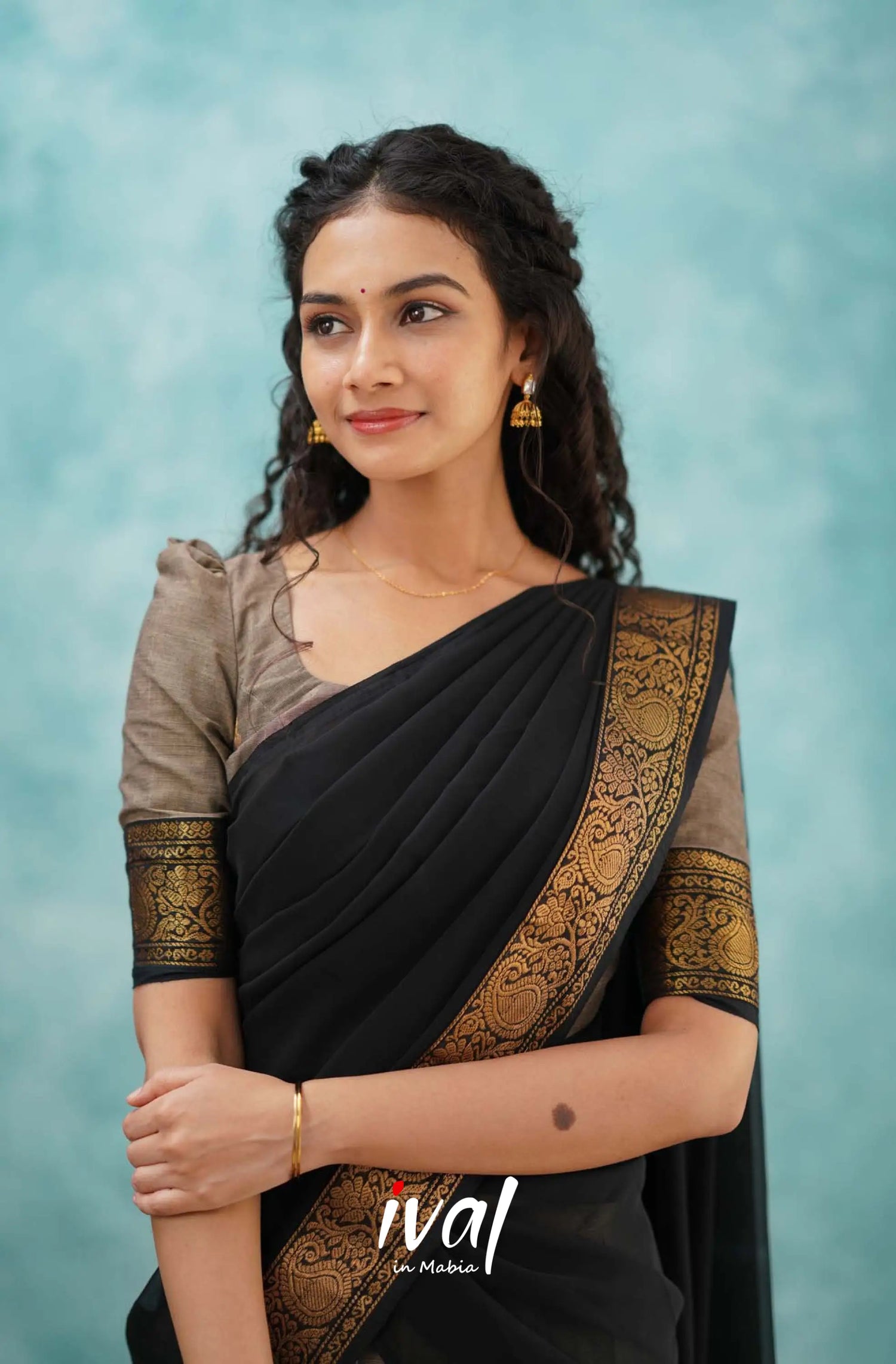 Padmaja - Grayish Brown And Black Cotton Halfsaree Half Sarees