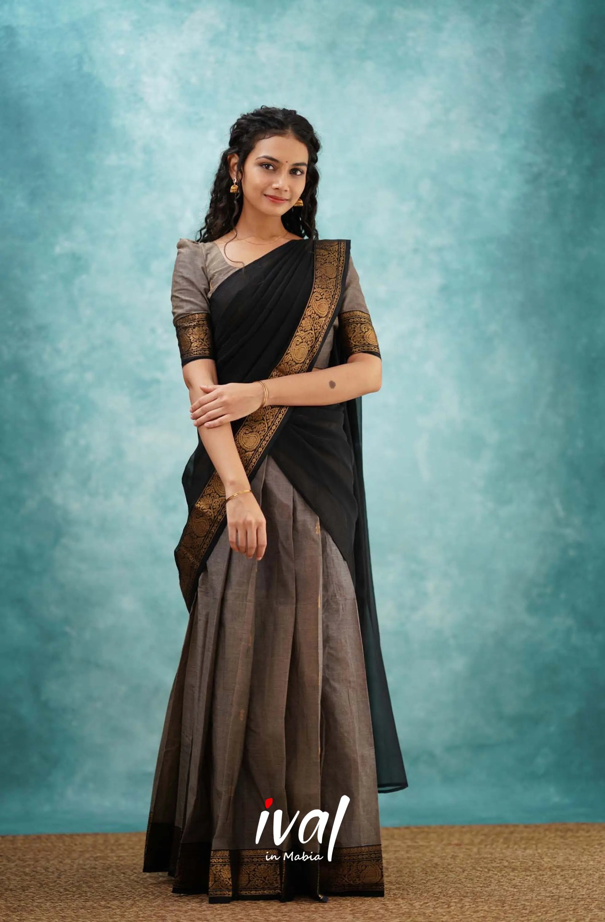 Padmaja - Grayish Brown And Black Cotton Halfsaree Half Sarees