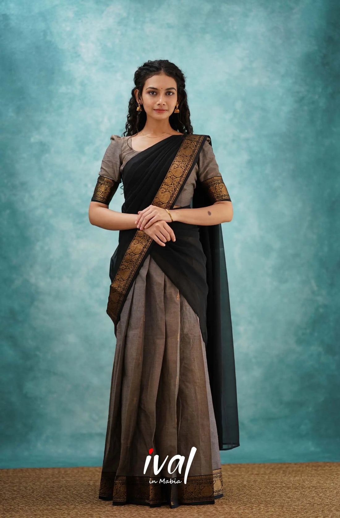 Padmaja - Grayish Brown And Black Cotton Halfsaree Half Sarees