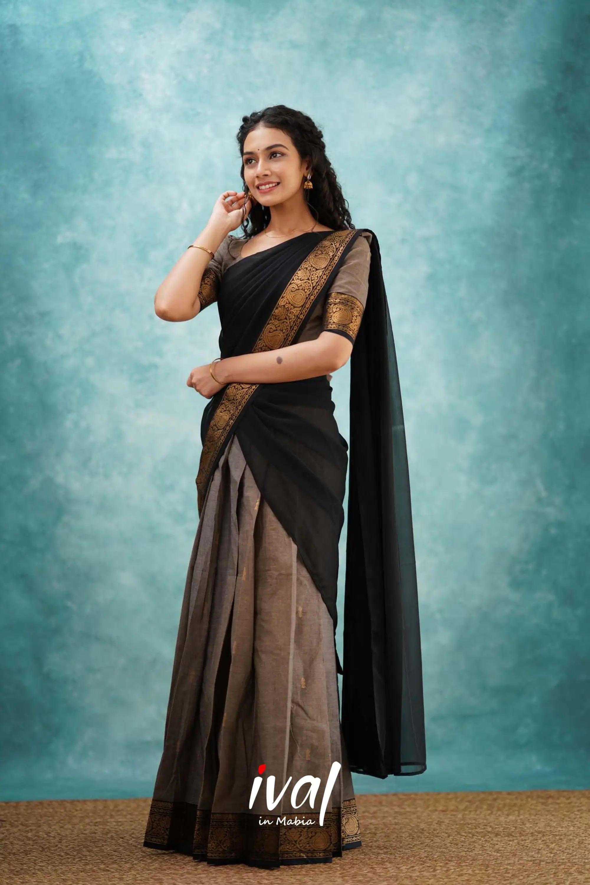 Padmaja - Grayish Brown And Black Cotton Halfsaree Half Sarees